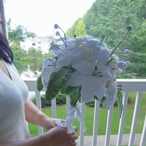 Crochet Flowers Bouquet Handmade, Finished Product, Lily, Rose for Bridal Party wedding artificial forever loving girlfriend/wife/bride gift
