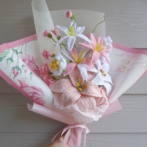 Crochet Flowers Bouquet Handmade, Finished Product,Rose,Lily,orchid for Anniversary,Birthday,Girlfriend,Mother day knitted forever gift