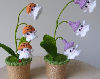Crochet Handmade Halloween Cute Ghost Light Lamp, Finished Product, Fall Autumn Desk Decoration, Pumpkin, Sunny doll, amigurumi plant