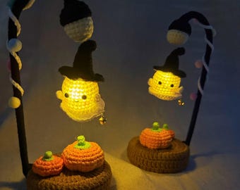 Crochet Handmade Halloween Float Ghost Light Lamp, Finished Product, Fall Autumn Desk Decoration, Pumpkin, Magnetic Witch Hat, amigurumi