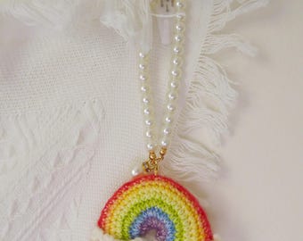 Crochet Handmade Knit Rainbow Pearl Car Accessories Mirror Hanging Pendant Keychain Holiday Ornament Decoration Pastel LGBTQ Gift duck charm