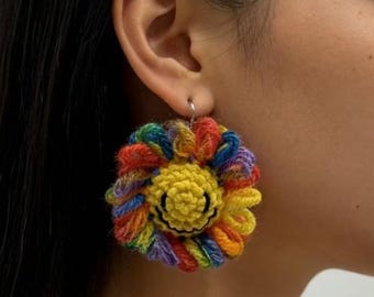 Handmade Crochet Dangle Statement Earrings Colorful Boho Knit Star Flower fruit Evil Eye Jewelry Lightweight Fiber Art Wear creative design
