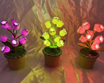 Crochet Handmade Lily Potted Plant Light Lamp Pink Purple Lilies of the Valley Flower Desk Decoration Halloween Night Stand Forever Gift