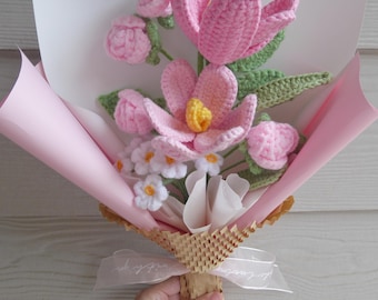 LuckyBundle Hand-Crochet Tulip Bouquet - 3 Tulips With Eucalyptus & Baby's Breath, Hypoallergenic Gift Set - View #3