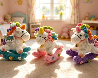 Handmade Crochet Rocking Horses Little Pony Amigurumi Unicorn Toy Bell Mobile Nursery Decor Newborn Kids Gift Baby Toddler Room Desk Plush