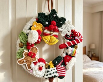 Crochet Christmas Wreath Handmade Holiday Front Door Decor Santa Gingerbread Candy Cane Xmas Tree Bell Holly Wall Hanging Festival Gift