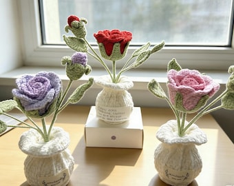 Handmade Crochet Rose Bouquet Flower Vase Personalized Gift Custom Message note Amigurumi Plant Pot Decor Unique Forever Her Teacher Mom