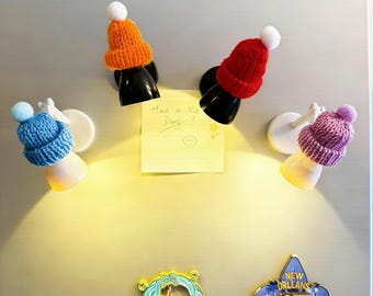 Magnetic Fridge Lamp Mini LED with Handmade Crochet Beanie Hat Refrigerator Light Kitchen Night Light Cozy Home Desk Locker Dorm Decor Gift