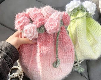 Handmade Crochet Flower Tote Floral Drawstring Bag with Pearl Handle Strap Purse Gradient Yarn outfit Lace Gift for her Mother Bridesmaid