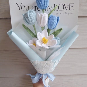 Crochet Flowers Bouquet Handmade, Finished Product, Tulip, Rose for Anniversary, Birthday, Graduation, Girlfriend, Mother love forever gift Large Blue