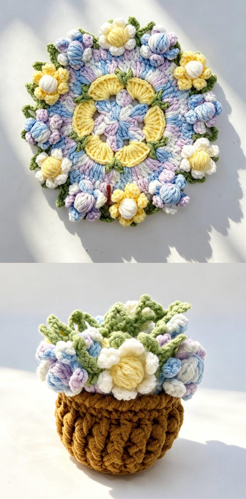 May include: A crochet flower arrangement featuring a brown textured pot filled with white, yellow, blue, and lavender yarn flowers and green leaves, shown from a top-down view and a side view to display the intricate floral pattern and texture.