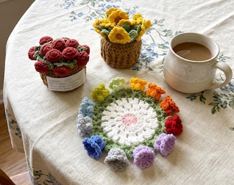 Handmade Crochet Flower Coasters with Cart Basket Holder Floral Set Sunflower Lily of the Valley Rose Home Decor Gift House Warming Cup Mug
