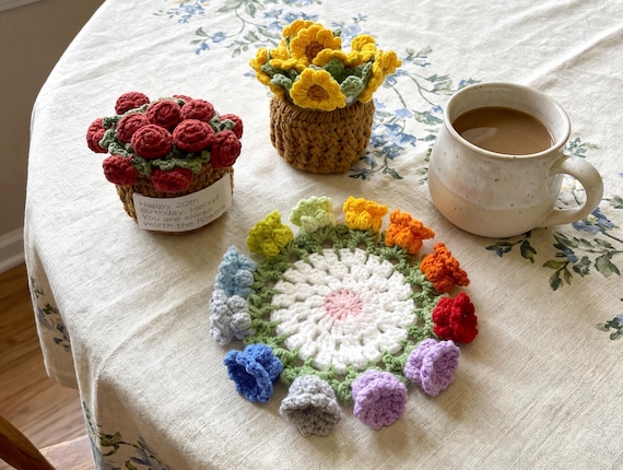 Handmade Crochet Flower Coasters with Cart Basket Holder Floral Set Sunflower Lily of the Valley Rose Home Decor Gift House Warming Cup Mug