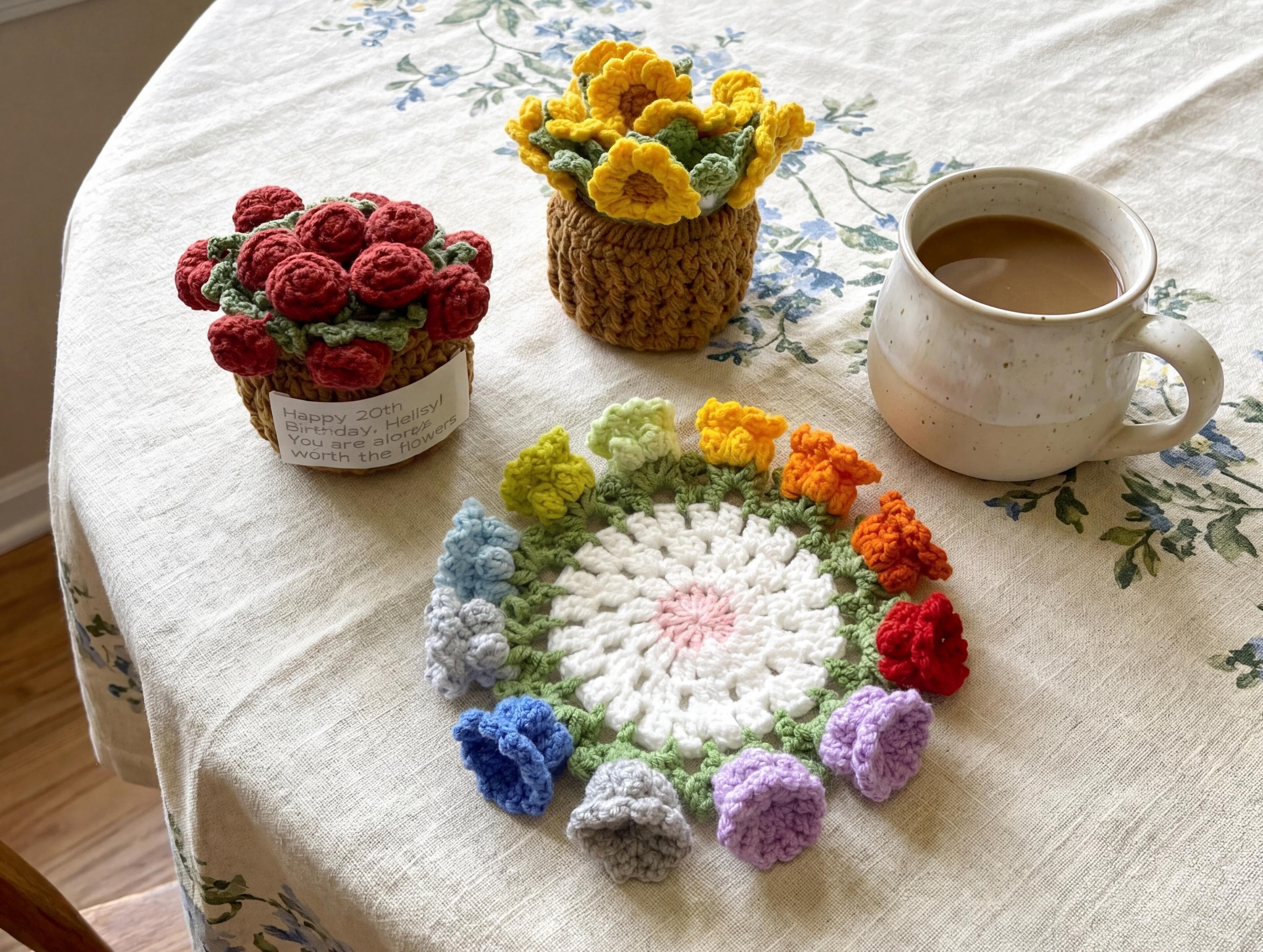 Handmade Crochet Flower Coasters With Cart Basket Holder Floral