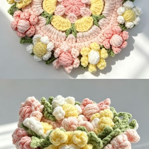 May include: A crochet basket featuring a brown base and a top arrangement of three-dimensional flowers in shades of pink, yellow, and white, accented with green leaves. The top view shows a circular floral pattern with a central pink star motif.