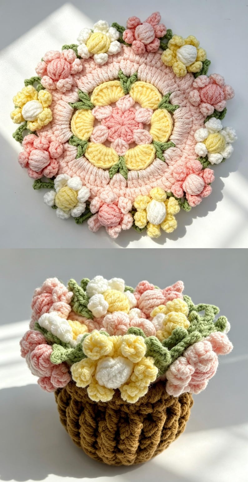 May include: A crochet basket featuring a brown base and a top arrangement of three-dimensional flowers in shades of pink, yellow, and white, accented with green leaves. The top view shows a circular floral pattern with a central pink star motif.