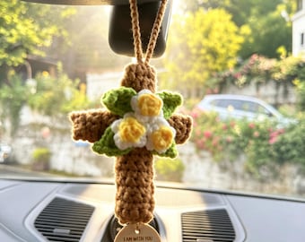 Handmade Crochet Cross Jesus Figure Wooden Car Accessories Rear Mirror Hanging Ornament Desk Christmas Christian Religious Catholic Baptism
