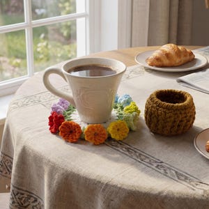 Handmade Crochet Flower Coasters with Cart Basket Holder Floral Set Sunflower Lily of the Valley Rose Home Decor Gift House Warming Cup Mug image 2
