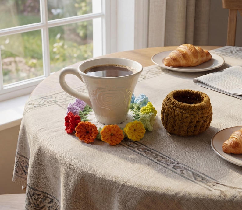 Handmade Crochet Flower Coasters with Cart Basket Holder Floral Set Sunflower Lily of the Valley Rose Home Decor Gift House Warming Cup Mug image 2
