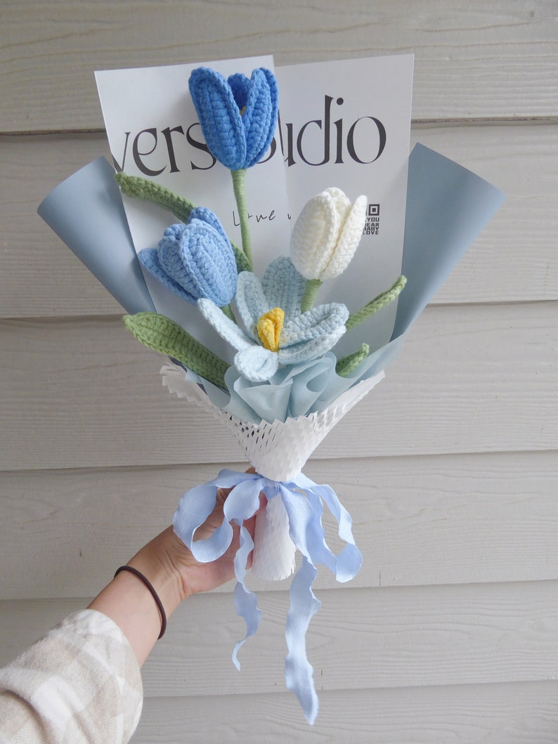 Crochet Flowers Bouquet Handmade, Finished Product, Tulip, Rose for Anniversary, Birthday, Graduation, Girlfriend, Mother love forever gift Blue