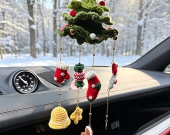Crochet Christmas Tree Wind Chime Handmade Car Charm Rear View Mirror Ornament Hanging Bell Decor Holiday Gingerbread Stocking Candy Gift