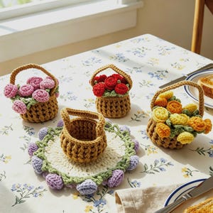May include: Three small crocheted baskets with handles, each filled with colourful crocheted flowers in pink, red, and yellow, alongside a round crocheted coaster with a white centre and light purple floral accents around the scalloped edge.