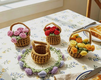 Handmade Crochet Flower Coasters with Cart Basket Holder Floral Set Sunflower Lily of the Valley Rose Home Decor Gift House Warming Cup Mug