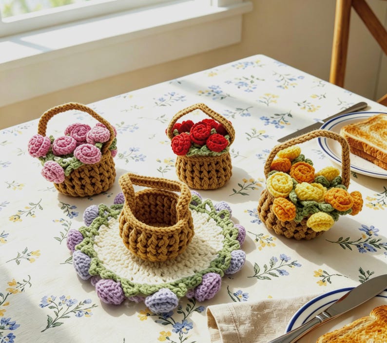 May include: Three small crocheted baskets with handles, each filled with colorful crocheted flowers in pink, red, and yellow, alongside a round crocheted coaster with a white center and light purple floral accents around the scalloped edge.