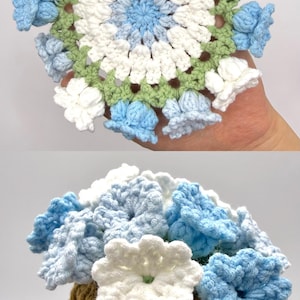 May include: A crocheted flower arrangement featuring a brown pot filled with light blue and white flowers. The top view shows a circular, flat, crocheted floral mat with a light green border, alternating white and light blue petals in a round pattern.