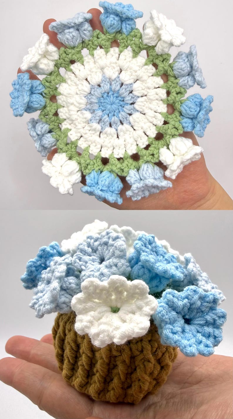 May include: A crocheted flower arrangement featuring a brown pot filled with light blue and white flowers. The top view shows a circular, flat, crocheted floral mat with a light green border, alternating white and light blue petals in a round pattern.