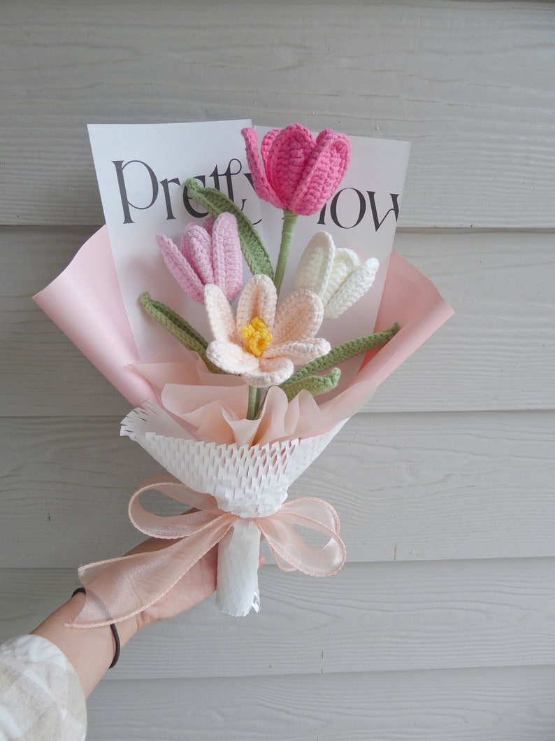 Crochet Flowers Bouquet Handmade, Finished Product, Tulip, Rose for Anniversary, Birthday, Graduation, Girlfriend, Mother love forever gift Rose Pink