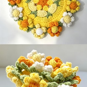 May include: A crochet flower arrangement featuring a brown textured pot filled with yellow, orange, and white blossoms. The top view shows a circular floral pattern with layered petals and green accents, while the side view displays the full bouquet.
