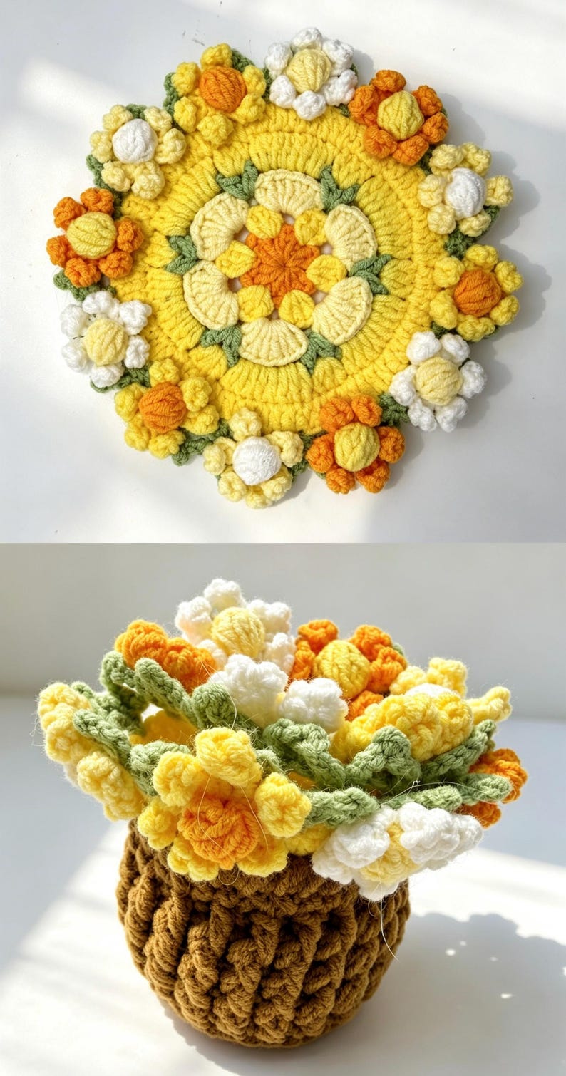 May include: A crochet flower arrangement featuring a brown textured pot filled with yellow, orange, and white blossoms. The top view shows a circular floral pattern with layered petals and green accents, while the side view displays the full bouquet.