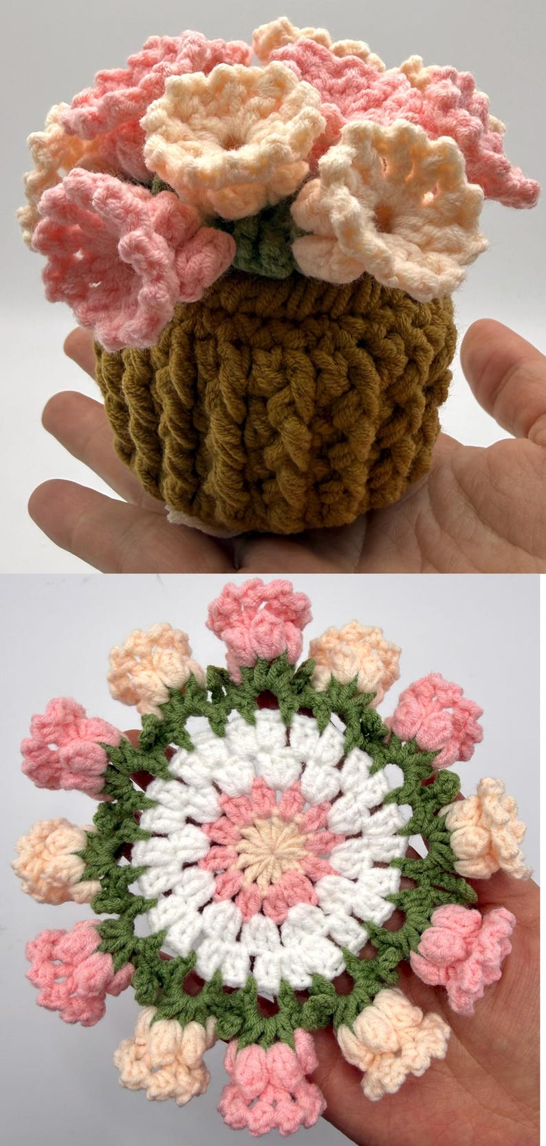 May include: A crochet flower arrangement featuring a cluster of light pink and cream-colored blossoms emerging from a textured brown pot, alongside a flat, circular crochet coaster with a white and pink center surrounded by green leaves and pink flowers.