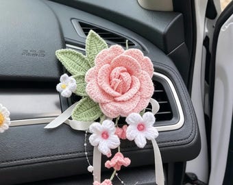 Crochet Flower Car Vent Clip with Scent Tablet Floral Air Freshener Decor Handmade Accessory Charm Rose Lewisia Fragrance Aromatic Gift