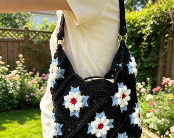 Handmade Crochet Granny Square Shoulder Bag with Liner Tote Spring Garden Vacation Strap Purse Floral Charm Handbag Gift for her Bridesmaid
