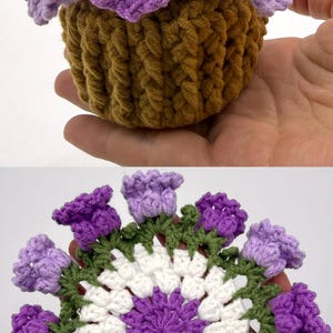 May include: A crochet flower pot with purple and light purple blossoms and a brown textured base, alongside a flat circular crochet coaster featuring a central purple circle, a white ring, and a green border with purple flower accents.