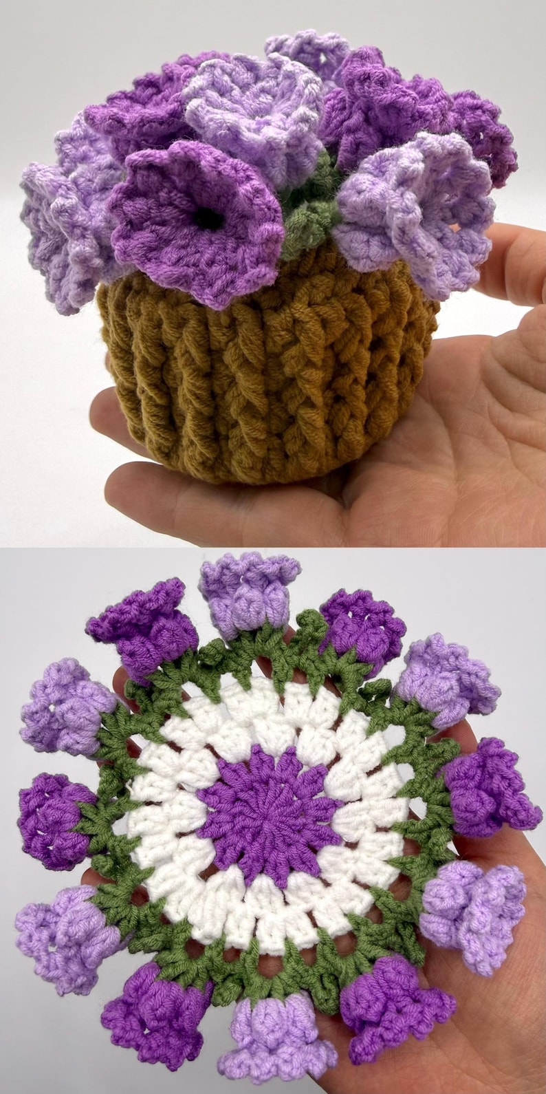 May include: A crochet flower pot with purple and light purple blossoms and a brown textured base, alongside a flat circular crochet coaster featuring a central purple circle, a white ring, and a green border with purple flower accents.