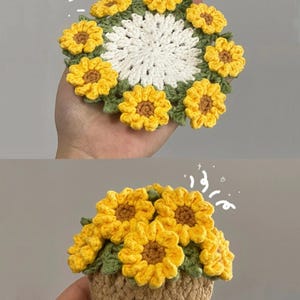 May include: A round, white crocheted coaster with a border of yellow sunflowers and green leaves, and a small, tan crocheted basket filled with yellow sunflowers and green leaves, both featuring small white decorative sparkles.