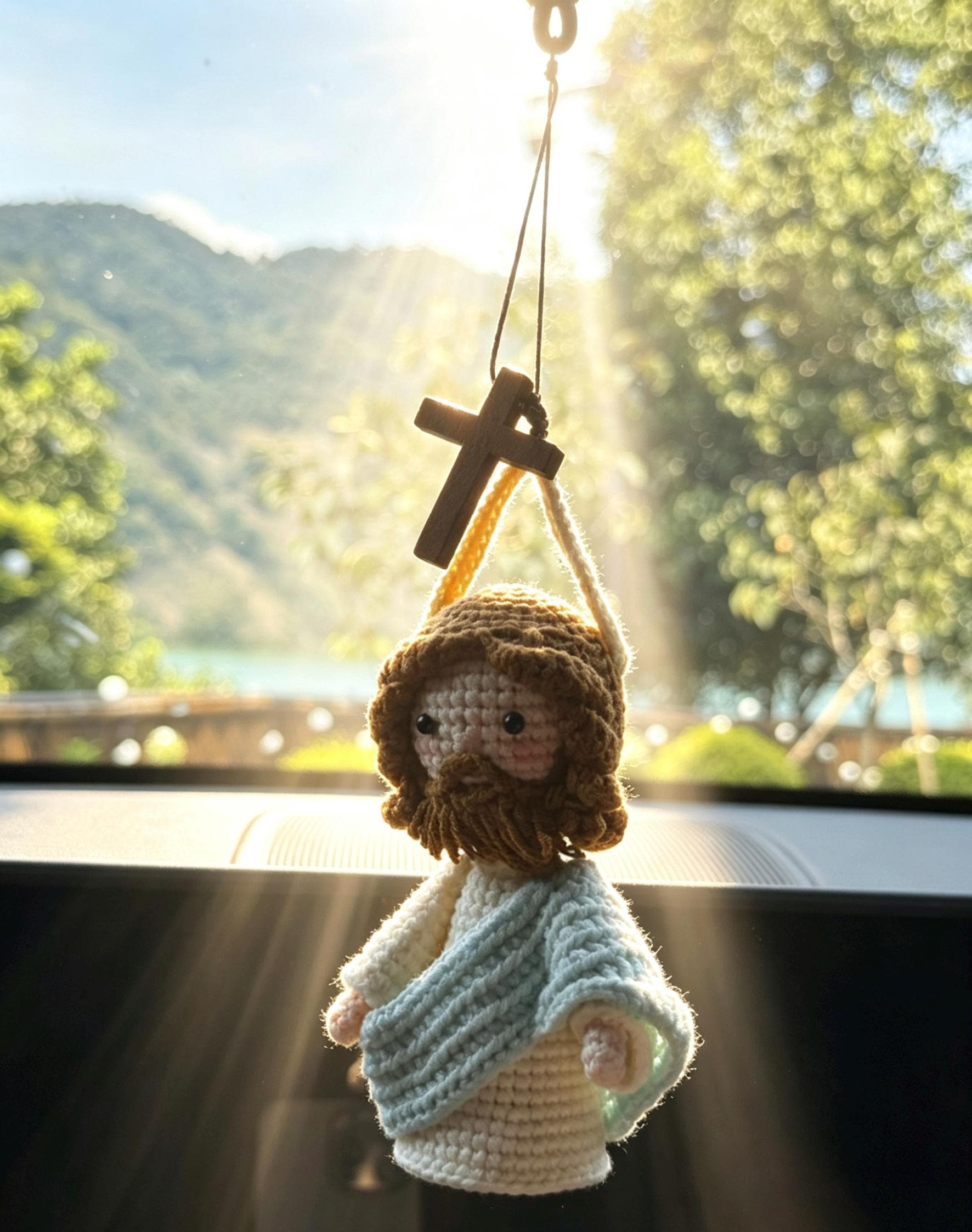Handmade Crochet Jesus Figure Wooden Cross Car Accessories Rear