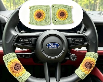 Coprivolante all'uncinetto fatti a mano, copricinture di sicurezza floreali, accessorio auto con girasoli, decorazione invernale calda e accogliente, regalo per guidatore, nonna, quadrato