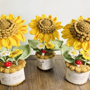 Crochet Handmade Sunflower Potted Plant Finished Flower Desk Decoration Personalized Own Message Note Custom Forever Gift