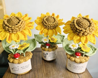 Crochet Handmade Sunflower Potted Plant Finished Flower Desk Decoration Personalized Own Message Note Custom Forever Gift