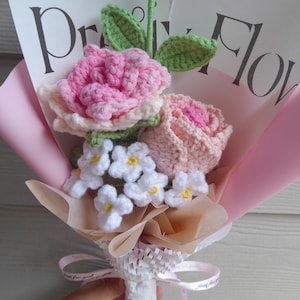 かぎ針編みの花束、手作り、完成品、バラ、ユリ、チューリップ、記念日、誕生日、ガールフレンド、母の日、卒業式、永遠の贈り物