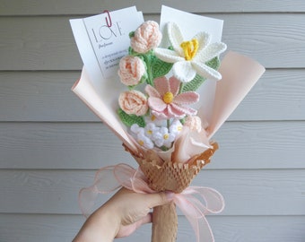 Bouquet de fleurs au crochet fait main, produit fini, rose, tulipe pour anniversaire, anniversaire, remise des diplômes, petite amie, mère, amour pour toujours, cadeau pour maman