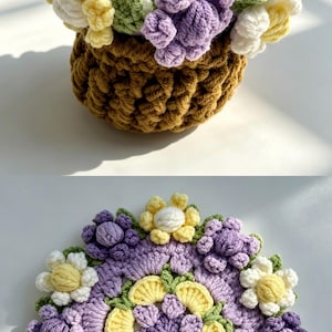 Handmade Crochet Flower Coasters with Cart Basket Holder Floral Set Sunflower Lily of the Valley Rose Home Decor Gift House Warming Cup Mug Purple Daisy