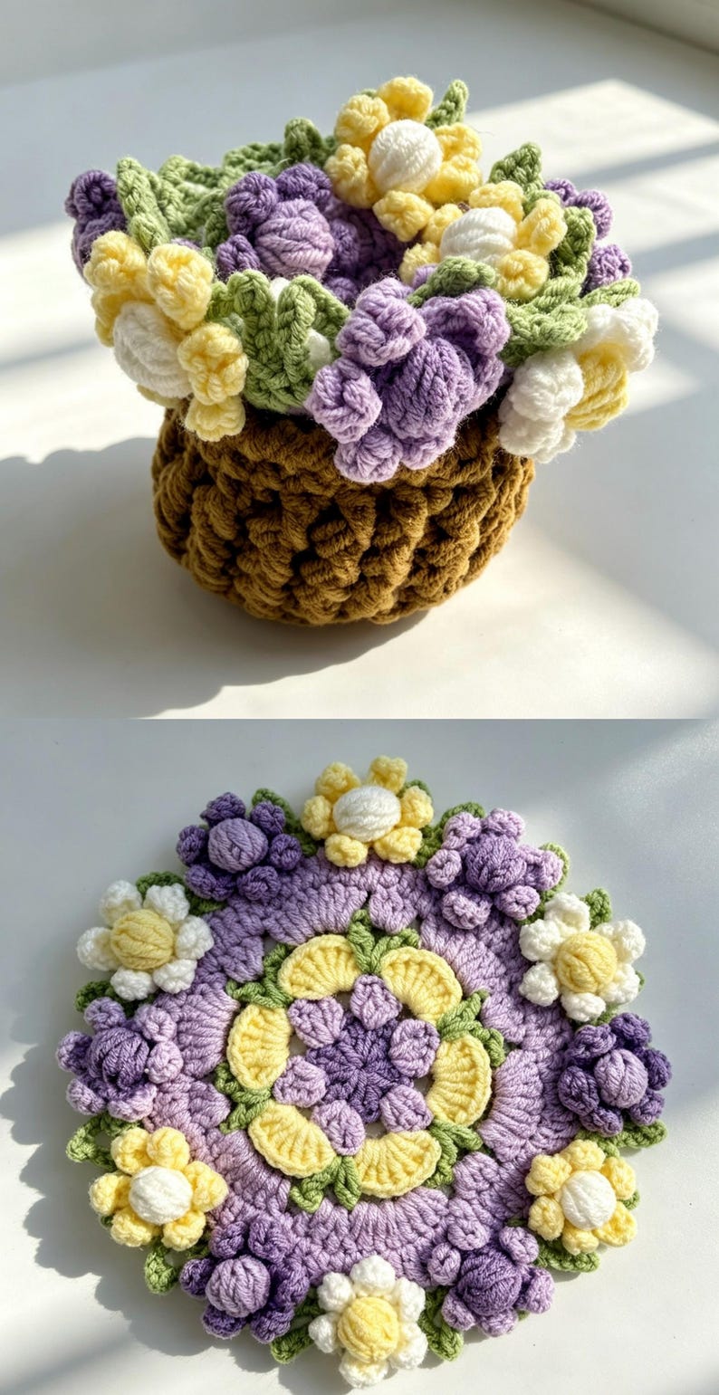 Handmade Crochet Flower Coasters with Cart Basket Holder Floral Set Sunflower Lily of the Valley Rose Home Decor Gift House Warming Cup Mug Purple Daisy