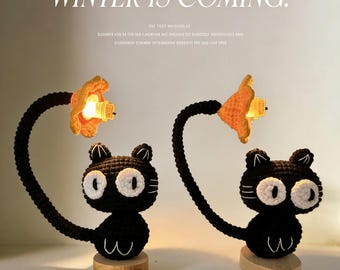Handmade Crochet Cat Lamp Mini Night Stand Cozy Light Office Desk Charm Bedside Decor Decoration Knit Forever Gift House Warming Halloween