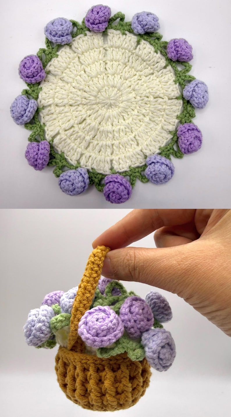 May include: A round, cream-colored crocheted doily featuring a border of green leaves and small, light purple crocheted roses. Below, a small, mustard-yellow crocheted basket with a handle is filled with light purple crocheted roses and green leaves.