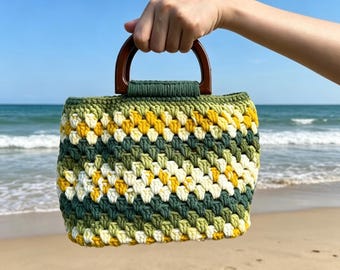 Handmade Crochet Wooden Top Handle Bag Tote Summer Vacation Coastal Granny Stitch Purse Market Handbag Gift for her Girl Mother Bridesmaid